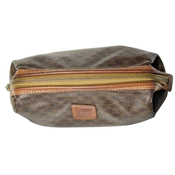 Celine Macadam Cosmetics Bag Top Zip Brown Leather Canvas Pouch Makeup Pockets - Picture 4 of 11